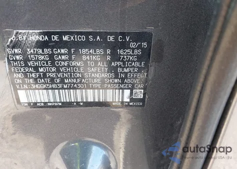 2015 Honda Fit Ex/Ex-L z USA, uszkodzony, nr VIN 3HGGK5H83FM774301